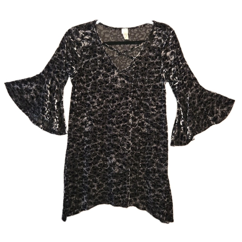 Black Velvet Burnout Leopard Print Tunic Top Blouse Whimsigoth Medium Witchy